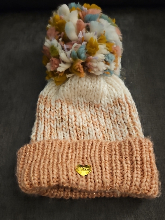 BETSEY JOHNSON Metallic Knit Pastel Pink Pom Pom Beanie Hat